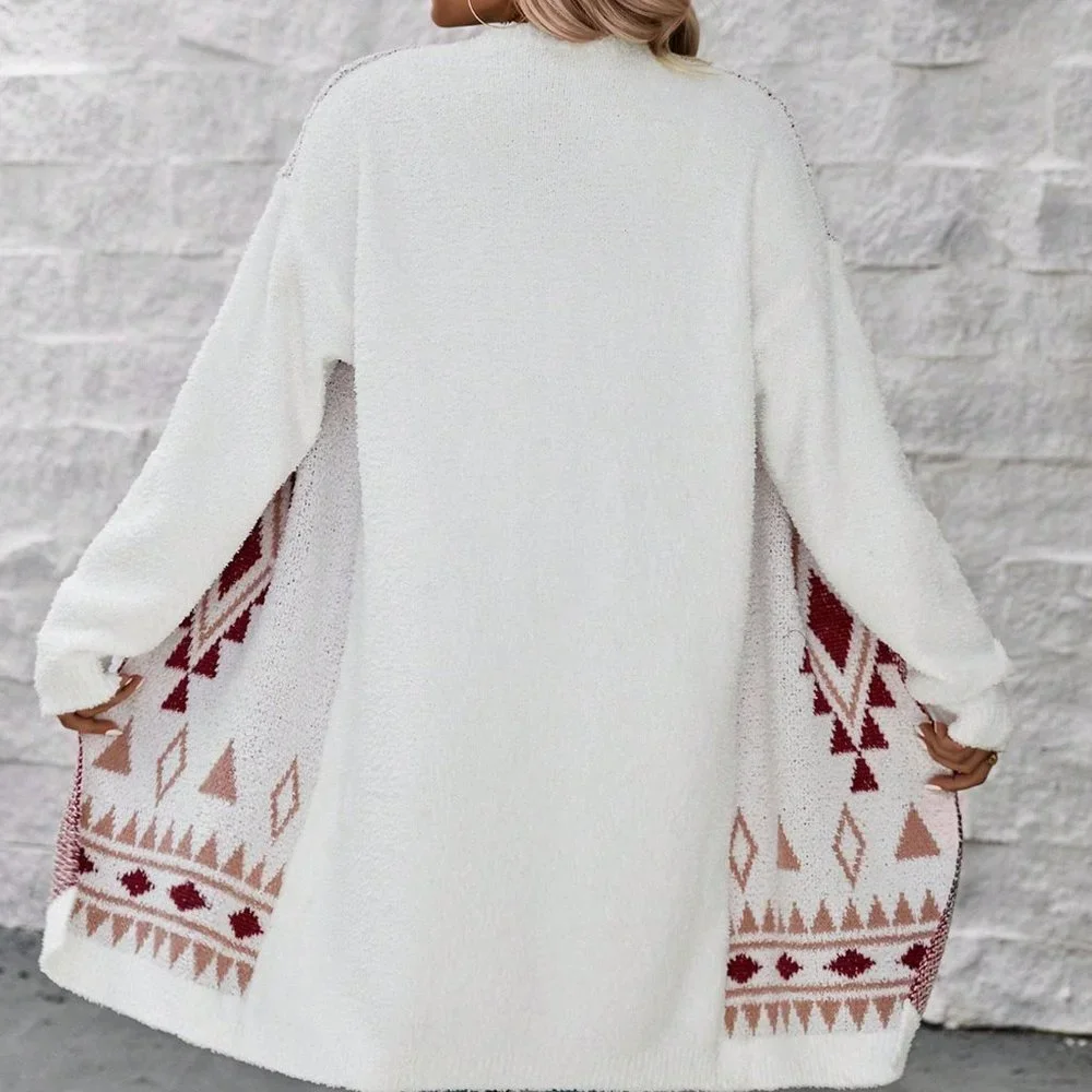 White Casual Womens Geo Pattern Drop Shoulder Open Front Cardigan